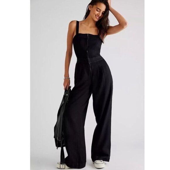 FREE PEOPLE Large CALL ON ME ONE PIECE WIDE LEG JUMPSUIT IN Black Boho - Picture 1 of 11
